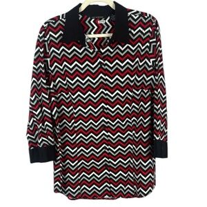 Zac & Rachel Casual Vibrant Red Gray Black Zigzag Button Down Blouse Size XL